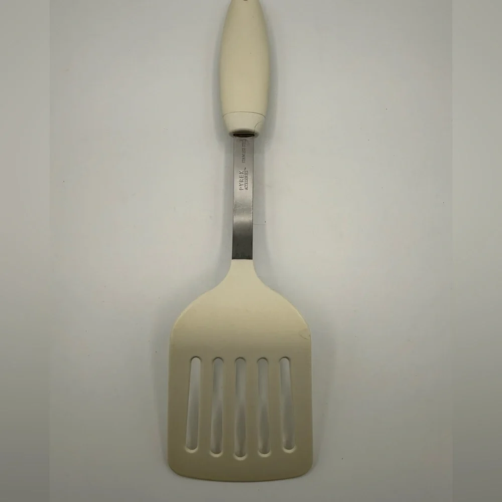 Vintage Pyrex Slotted Spatula Turner Beige Nylon Stainless Steel Handle